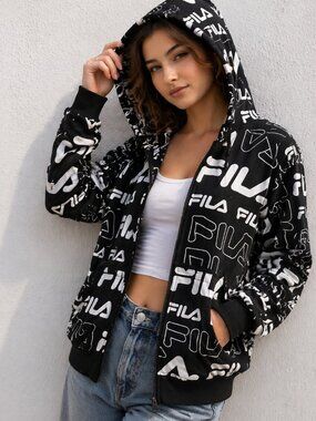 FILA Logo All Over Hoodie Women XL Oversize Boxy Cropped Zip Up Black White